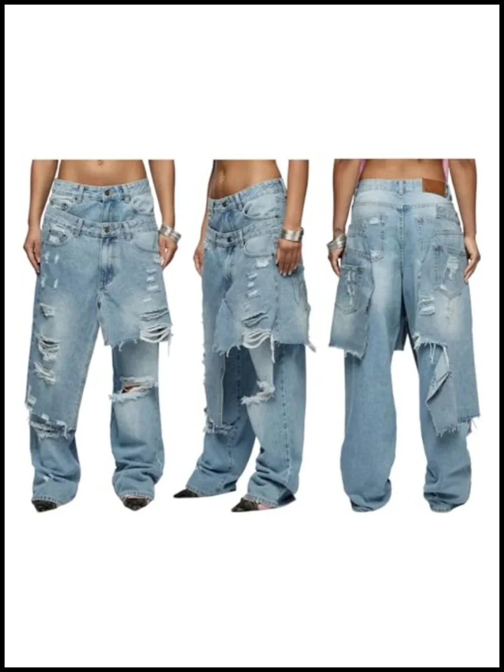 Ripped Patchwork Jeans Straight Wide Leg Asymmetrical Double Waist Baggy Y2k